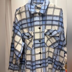 ZARA Light Blue, Cream and Gray Plaid Button Jacket